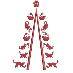 May include: Red embroidered design of a Christmas tree shape with cat silhouettes playing with yarn balls. A paw print is at the top. The cats are in various poses, some standing, some playing, and some rolling.