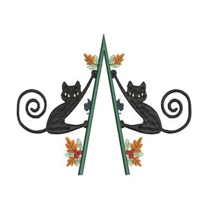 May include: An embroidered design featuring two black cats climbing a green, triangular structure. The cats have curled tails and are positioned on either side of the structure, which is adorned with autumn leaves and berries.
