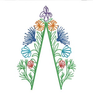 Könnte beinhalten: Ein symmetrisches Design aus stilisierten Blumen in Blautönen, Grün, Orange, Rot und Lila. Die Blumen sind in einer dreieckigen Form angeordnet, mit einer einzelnen Blume oben und zwei Reihen von Blumen darunter.