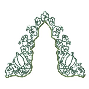 May include: Green embroidered design featuring pumpkins and leaves, forming a decorative corner element. The design includes two pumpkins and curling vines, perfect for fall-themed crafts and decorations.