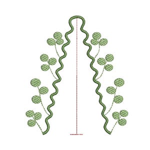 May include: An embroidery design featuring two symmetrical, wavy green lines forming an arch shape. Each side is adorned with four clusters of three small, circular green leaves attached by thin stems. A thin, straight red vertical line runs down the center.