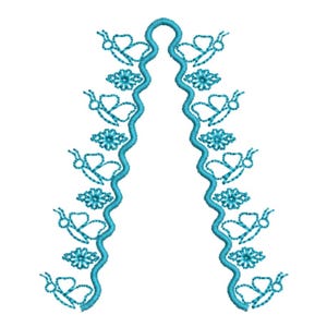 May include: Two matching turquoise embroidery designs. Each design features a wavy line with alternating butterfly and flower motifs. The designs are symmetrical and appear on a white background. The embroidery is detailed and delicate.