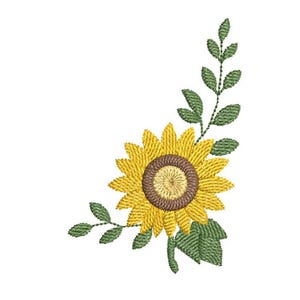 May include: Embroidered design of a sunflower with yellow petals and a brown center, accompanied by green leaves and stems. The floral design is set against a white background, suitable for embroidery projects or decorative applications.