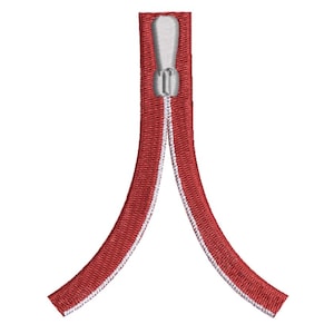 Puede incluir: Cremallera roja con un tirador blanco. La cremallera está abierta y los dos lados son curvos.