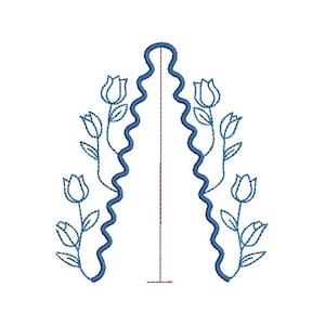 May include: A blue machine embroidery design featuring two symmetrical wavy vertical lines framing a central straight line. Each wavy line is flanked by three stylised tulip flowers with leaves, rendered in a simple blue outline stitch pattern.