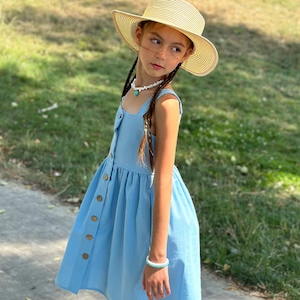 Blue Linen Dress for Girls, Casual Everyday Linen Sundress, Soft Summer Autumn Dress for Tween Girls, Lightweight Linen Dress