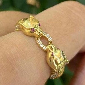 14 Carat Gold Ring, Double Snake Ring, Gold Leopard Ring, Wild Cat Design Ring, tiger gold ring, Valentine's Day,Real Diamond