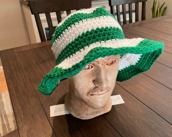 Hand crocheted Bucket Hat-STRIPED- Green & White