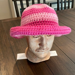 Hand crocheted Bucket Hat-STRIPED - Dark Pink & Light Pink