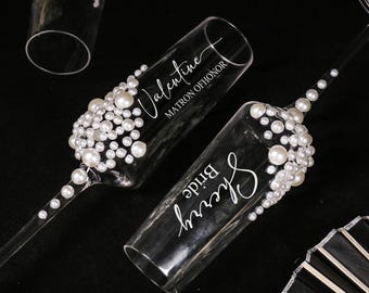 Copa de champán personalizada para novia / Copa de champán con perlas y lazo / Regalos para bodas / Dama de honor / Regalos para bodas