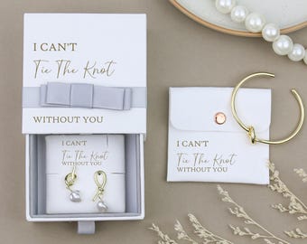 Pendientes colgantes de perlas y pulsera para atar el nudo / Set de caja para propuesta de dama de honor / Regalo para dama de honor / Accesorios para dama de honor