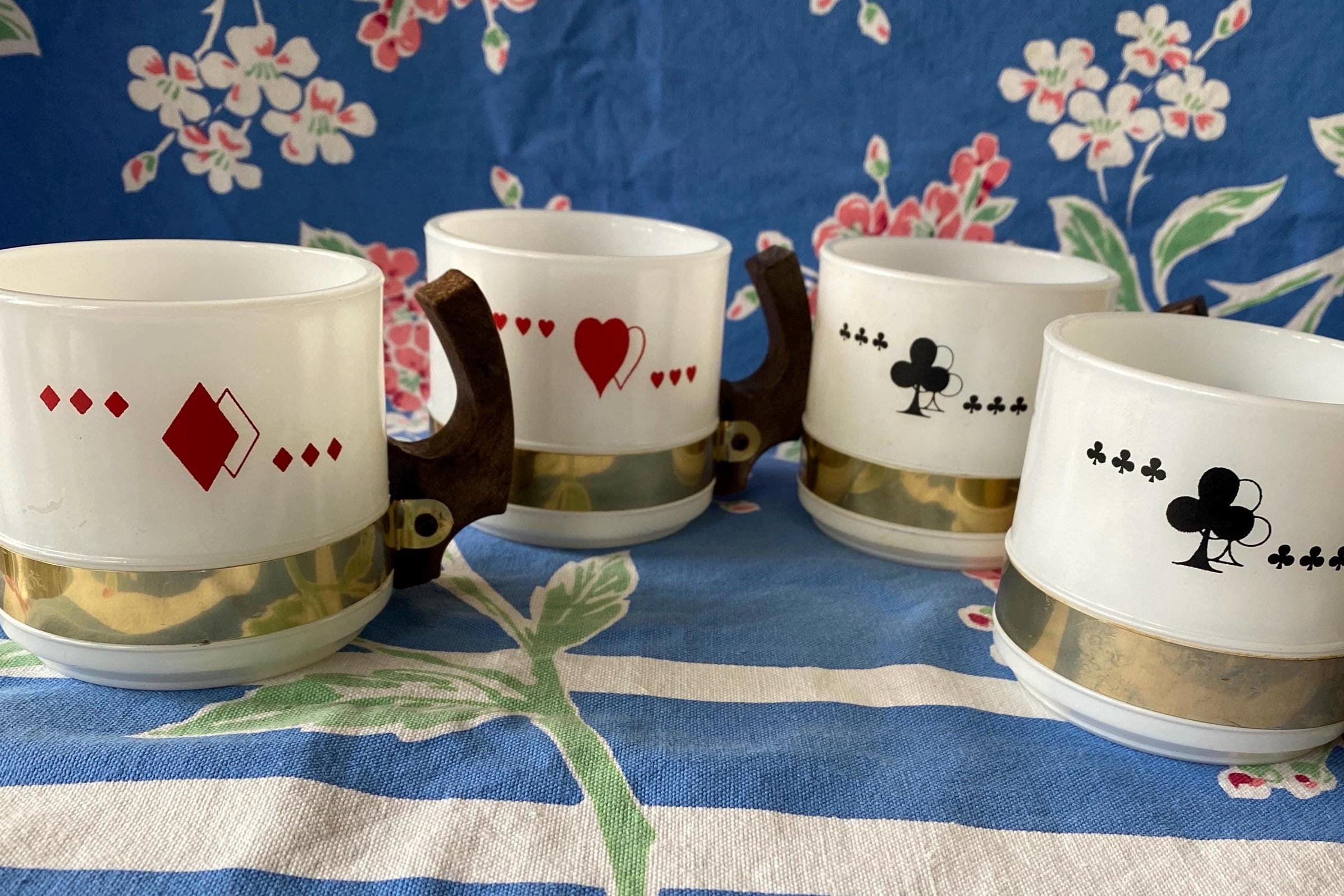 Vintage Siesta Ware Playing Card Coffee Mugs Milk Glass with Wooden Handles & Gold Trim Sold Individually Clubs, Diamonds, or Hearts (1960s)