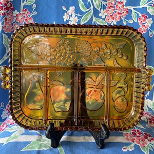 Vintage Indiana Glass Carnival Glass Relish Tray: Iridescent Amber Fruit Serving Plate