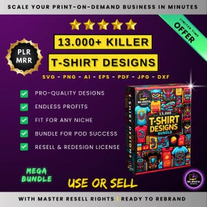 Scale your print-on-demand business with this 13,000+ T-shirt design bundle. Includes files in SVG, PNG, AI, EPS, PDF, JPG, and DXF formats. Professional-quality designs perfect for any niche, with resell and redesign license.