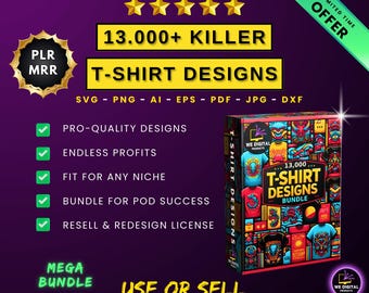 Pacote com mais de 13.000 designs de camisetas | Megapacote editável para impressão sob demanda | PLR e MRR inclusos | Pronto para POD Business