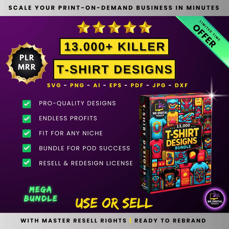 Scale your print-on-demand business with this 13,000+ T-shirt design bundle. Includes files in SVG, PNG, AI, EPS, PDF, JPG, and DXF formats. Professional-quality designs perfect for any niche, with resell and redesign license.