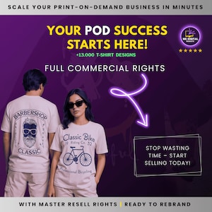 Start your POD success with full commercial rights. Over 13,000 T-shirt designs ready for immediate sale. No more waiting – begin selling today and profit from your designs.