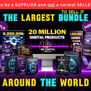 Op de afbeelding: Een kleurrijke digitale marketingbundel met de tekst "The Largest Bundle" en "To Sell It" in een neon roze en blauwe kleurstelling. De bundel bevat 20 miljoen digitale producten, 9.000.000 PLR-artikelen, 1.000.000 e-boeken, 32.000+ logo's, 370.000+ lettertypen en 5.200 vectoren.