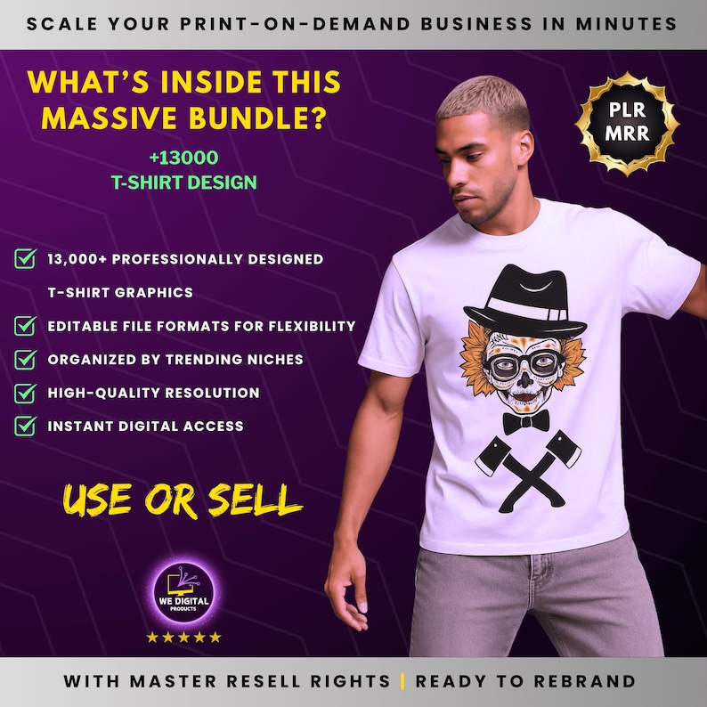 Inside this massive bundle: Over 13,000 professionally designed T-shirt graphics in editable formats. Organized by trending niches with high-quality resolution and instant digital access for your print-on-demand business.