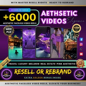 以下が含まれることがあります： 美的動画のプロモーション用グラフィック。紫と金の配色で、スマートフォンモックアップに動画が表示されています。「RESELL OR REBRAND」の文字とソーシャルメディアのアイコンが含まれています。スローガンは「AESTHETIC FACELESS VIDEO REELS, ELEVATE YOUR BUSINESS!」です。