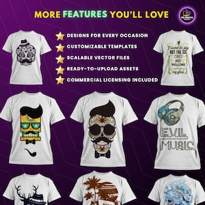Explore more features of this T-shirt design bundle: Customizable templates, scalable vector files, and commercial licensing included. Designs for every occasion, from funky skulls to quirky phrases, ideal for POD platforms.