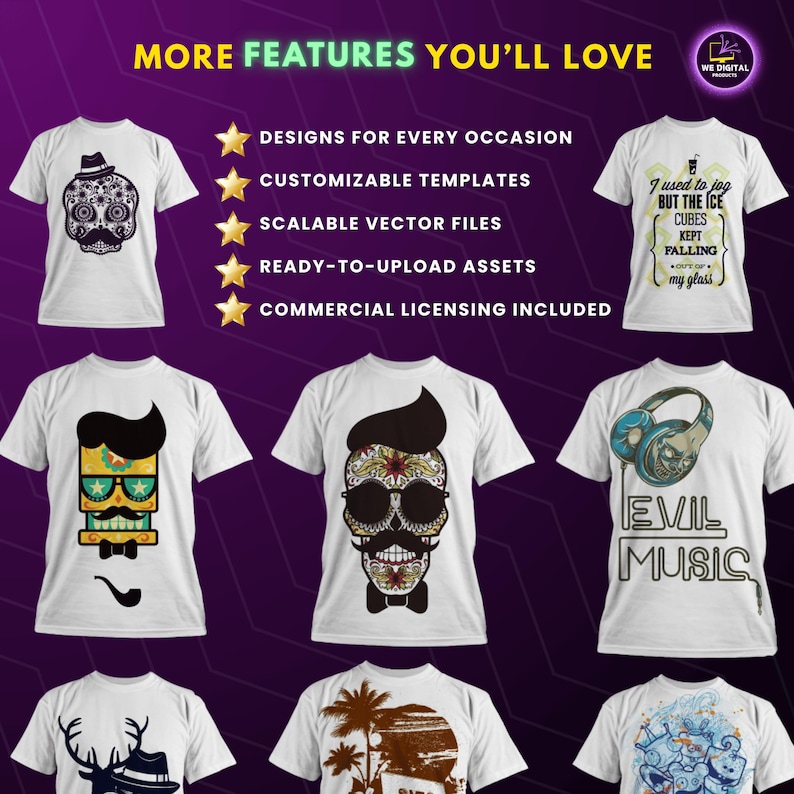 Explore more features of this T-shirt design bundle: Customizable templates, scalable vector files, and commercial licensing included. Designs for every occasion, from funky skulls to quirky phrases, ideal for POD platforms.