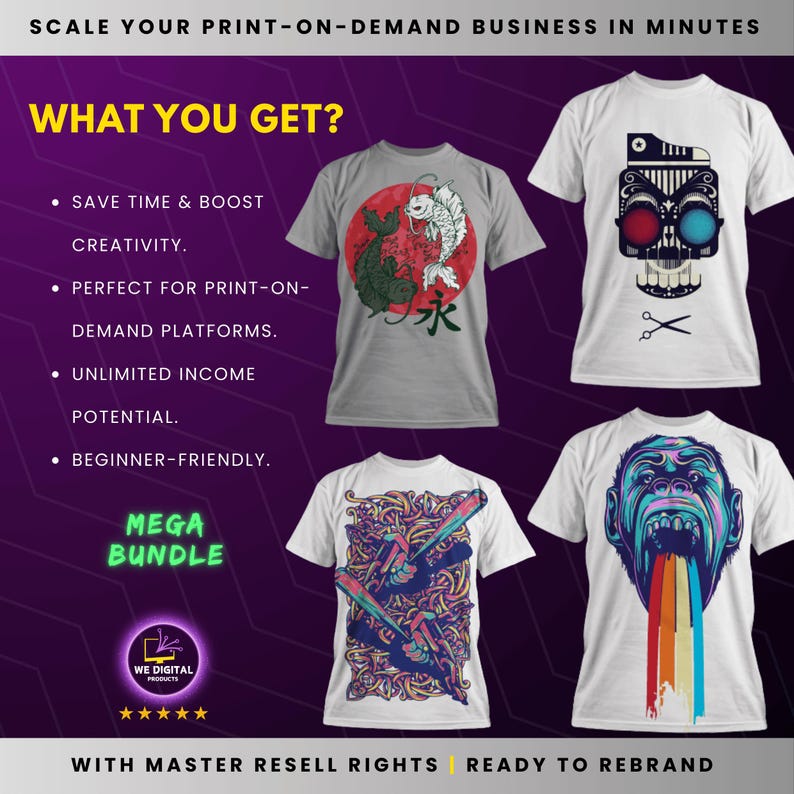 What you get with this bundle: Time-saving designs to boost creativity, perfect for print-on-demand platforms. Unlimited income potential, with beginner-friendly designs ready for use or resale.