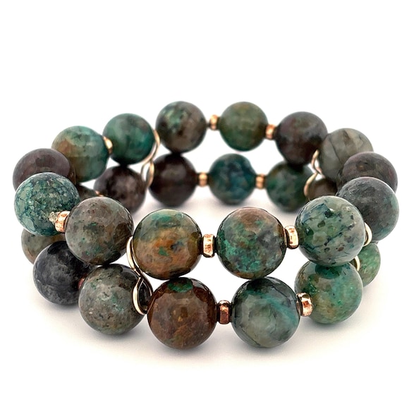 Handmade double bracelet of Chrysocolla and 14k gold filled – elastic, natural, refined