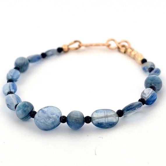 Kyanite Bracelet with Goldstone Beads and 14K Gold Filled Hook Clasp – Handmade