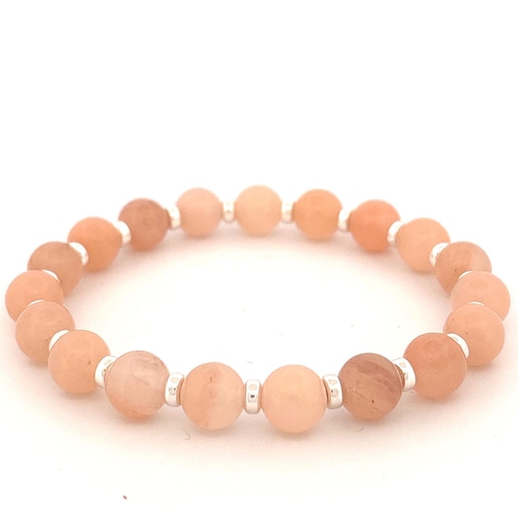 Peach Quartz Bracelet with Sterling Silver – 8mm Matte, Elastic & Handmade