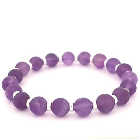 Amethyst Matte Bead 8mm Bracelet with Sterling Silver – Handmade, Natural Gemstones, Spiritual & Meditation Jewelry