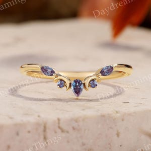 Unique Alexandrite Curved Wedding Band Ring | Yellow Gold Lab Alexandrite Moon Wedding Ring Handmade Stacking Rings For Women