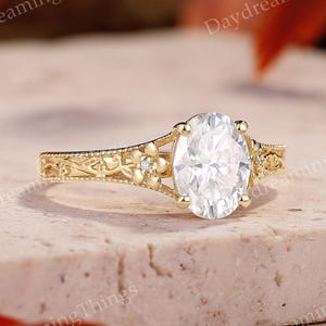 Hand Carved Flower Moissanite Engagement Ring | Yellow Gold Art Deco Moissanite Wedding Ring Promise Rings for Women Handmade Jewelry