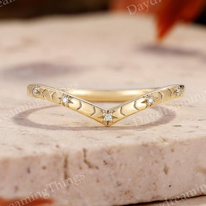 Unique Starry Curved Wedding Band | Solid Gold Moissanite Engraved Star Wedding Ring Handmade Celestial Stacking Anniversary Rings for Women