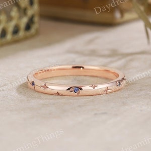 Unique Moon Cornflower Sapphire Wedding Band Rose Gold Star Ring Stacking Matching Ring Custom Promise Ring Anniversary Rings for Women