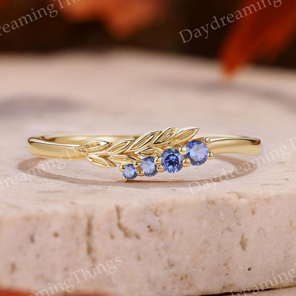 Sapphire Flower Leaf Wedding Band | Yellow Gold Cornflower Sapphire Matching Rings For Women