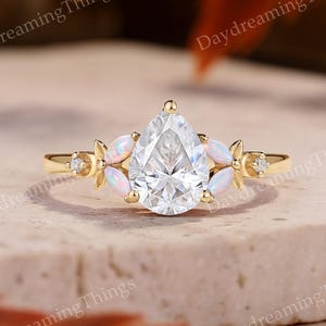 Unique Pear Cut Moissanite Engagement Ring | Nature Inspired Leaf Design Moissanite Wedding Ring Handmade Opal Cluster Rings For Women