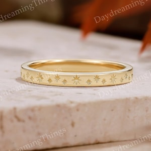 Star Wedding Band Ring | Solid Gold Celestial Moissanite Ring Wedding Ring 2mm Handmade Starburst Anniversary Band for Women Stacking Rings