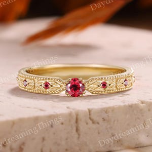 Hand Carved Leaf Wedding Band: Yellow Gold Ruby Ring, Vintage Style, christmas gifts