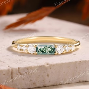 Nature Baguette Moss Agate Wedding Ring Yellow Gold Moss Agate Stackable Wedding Ring Promise Ring Handmade Anniversary Rings for Women