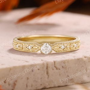 Anillo de boda vintage de moissanita con hojas, anillos de moissanita grabados a juego, anillos de promesa de oro amarillo para mujer, joyería hecha a mano.
