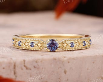 Vintage Alexandrite Engraved Leaf Wedding Band Women | Yellow Gold Alexandrite Wedding Ring Matching Rings Promise Ring Handmade Jewelry