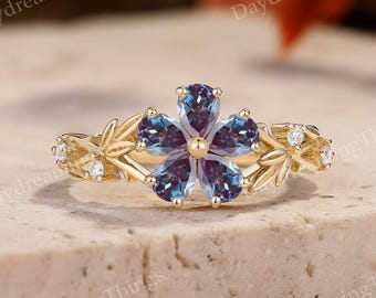Alexandrite Flower Engagement Ring | Solid Gold Lab Alexandrite Cluster Wedding Ring Gemstone Promise Rings For Women Handmade Jewelry