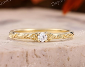 Engraved Birth Flower Daffodil Ring | Dainty Solid Gold Moissanite Custom Floral Wedding Band Rose Flower Rings for Women