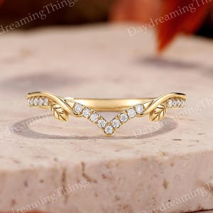 Dainty Moissanite Curved Wedding Band Ring Yellow Gold Natural Inspired Leaf Design Moissanite Wedding Ring Stacking Promise Rings For Women