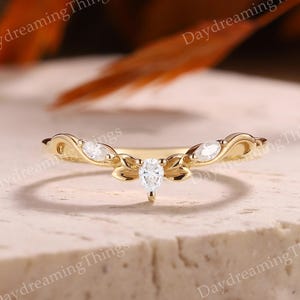 Dainty Moissanite Curved Wedding Band Ring Yellow Gold Natural Inspired Moissanite Leaf Wedding Ring Stacking Ring Promise Rings For Women