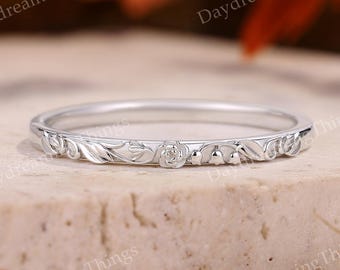 graviert Geburt Blumen Ehering Band Ring | Zierlicher Weißgold Versprechen Ring