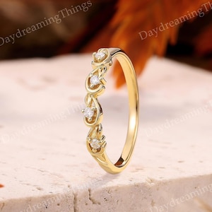 Alianza de boda vintage de moissanita para mujer, anillo de boda con hojas de inspiración natural, anillos a juego de oro amarillo, regalo de aniversario, joyería hecha a mano