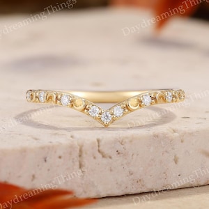 Unique Moissanite Curved Wedding Band Ring | Yellow Gold Moissanite Moon Wedding Ring Handmade Stacking Rings For Women