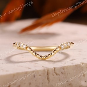 Unique Moissanite Curved Wedding Band Ring | Yellow Gold Moissanite Engraved Wedding Ring Stacking Rings For Women Handmade Jewelry